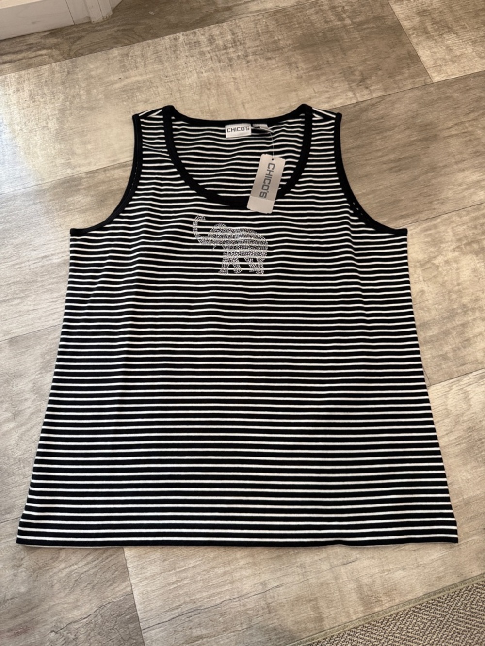 Chico's Black and White Striped Tank with Crystal Elephant